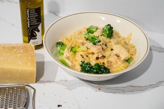 Truffled Tuna Helper made with Truffletopia Black Truffle Oil, Parmesan, and crushed red pepper.