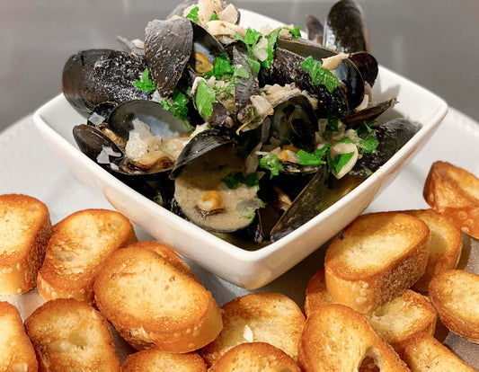 Steamed Mussels in White Truffle Oyster Bay Sauvignon Blanc Wine Sauce